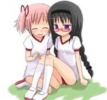  akemi_homura bandaid black_hair blush braid buruma glasses gym_uniform hair_ribbon hairband injury kaname_madoka kazami_ruku kneehighs kneeling mahou_shoujo_madoka_magica multiple_girls open_mouth pink_hair purple_eyes red-framed_eyewear ribbon short_twintails sitting twin_braids twintails white_legwear 