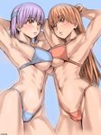  abs armpits arms_behind_head arms_up asymmetrical_docking ayane_(doa) bikini breast_press breasts brown_eyes brown_hair cameltoe dead_or_alive headband kasumi_(doa) large_breasts long_hair multiple_girls muscle purple_hair siblings sisters swimsuit underboob zenkou 