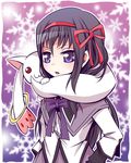  :3 akemi_homura black_hair emu_(toran) kyubey long_hair magical_girl mahou_shoujo_madoka_magica purple_eyes scarf snowflakes 