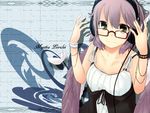  alternate_costume animal_ears bad_id bad_pixiv_id bare_shoulders bespectacled bow bracelet breasts casual cleavage contemporary feathers glasses grey_eyes hat headphones jewelry kuroi_mizore large_breasts mystia_lorelei purple_hair ribbon short_hair smile solo touhou wings 