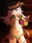  blue_eyes eyeball fireplace flat_chest green_panties hat highres hinohoshi_ataru komeiji_koishi long_hair looking_at_viewer navel no_bra no_pants open_clothes open_mouth open_shirt panties shirt silver_hair smile solo third_eye touhou underwear white_hair 