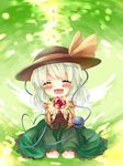  blush closed_eyes fang flower gift green_hair hat highres holding holding_gift kneeling komeiji_koishi open_mouth outstretched_arms red_flower red_rose rose smile solo tears third_eye touhou yuya_(night_lily) 