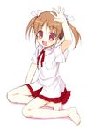  :d arm_up barefoot brown_eyes brown_hair fang feet flat_chest full_body legs meito_(maze) open_mouth original school_uniform short_hair sitting smile solo twintails 