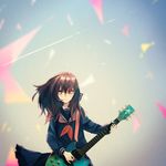  bad_id bad_pixiv_id blue_eyes brown_hair czc_(deko) guitar highres instrument long_hair original school_uniform serafuku solo tears 