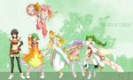  arche_klein back_bow belt black_choker black_hair blonde_hair blue_eyes bow broom broom_riding choker dress farah_oersted glasses green_background green_hair hat long_hair loose_belt meredy midriff mint_adenade multiple_girls navel orange_dress pants philia_felice pink_eyes pink_hair pink_pants ponytail purple_eyes purple_hair round_eyewear rutee_katrea short_hair staff sword tales_of_(series) tales_of_destiny tales_of_eternia tales_of_phantasia thighhighs towji very_short_hair weapon white_dress witch 