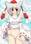  absurdres animal_ears bare_shoulders blush breasts covered_nipples detached_sleeves hat highres inubashiri_momiji large_breasts md5_mismatch no_pants panties panty_pull red_eyes seisei short_hair silver_hair solo tokin_hat touhou underwear white_panties wolf_ears 
