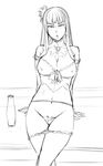  arm_support breasts cleavage covered_nipples greyscale hair_ornament jack_hamster large_breasts long_hair magical_grim monochrome no_pants original panties panty_pull pubic_hair sketch solo underwear wakamezake 