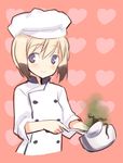  blonde_hair blue_eyes brown_hair chef chef_hat cooking erica_hartmann hat heart heart_background ladle multicolored_hair pink_background pot shimada_fumikane sleeves_rolled_up smile strike_witches two-tone_hair world_witches_series 