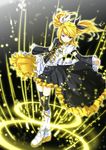  alternate_hairstyle aqua_eyes blonde_hair boots detached_sleeves dress hair_ornament hair_ribbon hairclip highres kagamine_rin kagamine_rin_(roshin_yuukai/hard_rkmix) knee_boots lights long_hair mtu_(orewamuzituda) outstretched_arms ribbon roshin_yuukai_(vocaloid) solo spread_arms standing thighhighs twintails vocaloid zettai_ryouiki 