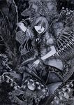  arm_cannon bow cape chotto greyscale hair_bow highres long_hair monochrome reiuji_utsuho solo touhou weapon wings 