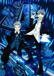  armband blue card card_with_aura glasses grey_hair gun holding holding_card male_focus multiple_boys narukami_yuu persona persona_3 persona_4 sanada_akihiko school_uniform smile tartarus weapon 