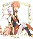  :t asymmetrical_clothes brown_hair closed_eyes estellise_sidos_heurassein fingerless_gloves gloves goggles goggles_on_head hug hug_from_behind kneeling multiple_girls pink_hair pout rita_mordio short_hair sitting smile tales_of_(series) tales_of_vesperia thighhighs white_background yoi_(yutd) 