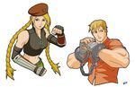  belly_button belt beret blonde_hair cammy_white capcom cody cody_travers cuffs final_fight gloves handcuffs hat long_hair navel pants scar short_hair smile street_fighter taped_fist 
