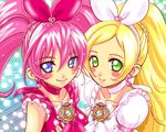  blonde_hair blue_eyes bow choker cure_melody cure_rhythm eyelashes green_eyes hair_ribbon heart houjou_hibiki magical_girl minamino_kanade multiple_girls omochi100ko pink_bow pink_choker pink_hair precure ribbon suite_precure white_choker 