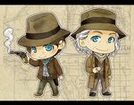  back_to_the_future blue_eyes brown_hair chibi emmett_brown gun hat male_focus marty_mcfly mayu_(airmods) multiple_boys weapon white_hair 