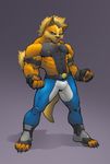  arcanine blue_eyes canine claws looking_at_viewer male muscles pok&eacute;mon pok&eacute;morph solo standing tail 