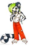  bandage black claws cub green_hair green_tongue hair holly_massey lemur long_tail looking_at_viewer male pink_nose red_claws shota solo striped_tail tail topless white white_background winefred yellow_eyes 