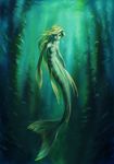  blonde_hair blue female fish_tail green green_theme hair mermaid no_feet seaweed solo swimming underwater vidagr water 