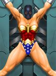  abs armpits arms_up bdsm blue_hair bondage bound breasts dc_comics female gimpmask leotard long_hair mask muscle muscular muscular_female restrained s.y.r solo wonder_woman 