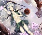  afloat black_hairband blue_eyes blush bow breasts cherry_blossoms dress_shirt expressionless from_above hairband hands highres katana konpaku_youmu lying medium_breasts midriff muso-comet navel nipples no_bra no_panties on_back petals reflection see-through shirt silver_hair skirt solo sword tassel touhou vest water waterfall weapon white_hair 