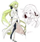  choker coat genderswap genderswap_(mtf) green_eyes green_hair long_hair mismatched_legwear n_(pokemon) pokemon pokemon_(game) pokemon_bw shuri_(84k) simple_background solo thighhighs very_long_hair white_background 