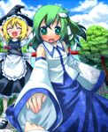  bad_id bad_pixiv_id blonde_hair blush detached_sleeves green_eyes green_hair kirisame_marisa kochiya_sanae multiple_girls touhou yonyon 