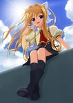  air blonde_hair blue_eyes boots cloud day from_below kamio_misuzu long_hair ponytail school_uniform sitting solo sun yuzuki_karin 
