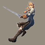  agrias_oaks blonde_hair boots female final_fantasy final_fantasy_tactics full_body gloves highres long_hair mati_(pixiv27420) open_mouth orange_eyes pants simple_background solo sword weapon 