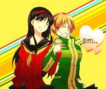  amagi_yukiko aran_sweater bad_id bad_pixiv_id black_hair brown_eyes brown_hair cardigan closed_eyes green_shirt grin hairband happy_birthday headband holding_hands jacket locked_arms long_hair mogiko multiple_girls one_eye_closed persona persona_4 satonaka_chie shirt skirt smile smiley_face sweater track_jacket 