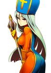  bad_id bad_pixiv_id blue_hair bodysuit breasts dragon_quest dragon_quest_iii gloves hat large_breasts long_hair mitre orange_bodysuit priest_(dq3) red_eyes sideboob skin_tight solo staff tabard weapon zakki 