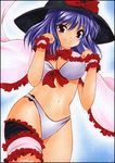  bikini blue_hair cape hat marker_(medium) nagae_iku navel o-ring o-ring_bottom pastel_(medium) red_eyes shawl short_hair solo swimsuit touhou traditional_media wrist_cuffs yadokari_genpachirou 