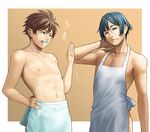  akagi_kouhei apron bare_shoulders blue_eyes blue_hair brown_hair highres kousaka_kyousuke lasterk male_focus multiple_boys naked_apron navel ore_no_imouto_ga_konna_ni_kawaii_wake_ga_nai 