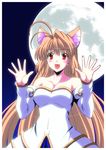  ahoge amatsuki_aruto animal_ears archetype_earth arcueid_brunestud blonde_hair blush cat_ears detached_sleeves dress fang full_moon hands long_hair moon night night_sky red_eyes sky solo strapless strapless_dress tsukihime very_long_hair 