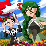  black_hair braid breasts cheryl dress field flower flower_crown flower_field green_eyes green_hair head_wreath latias long_hair lowres mai_(pokemon) marley momi_(pokemon) outdoors pokemoa pokemon single_braid smile soara very_long_hair 