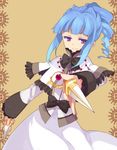  ange_serena blue_hair bow brown_background curly_hair dagger dress dual_wielding holding holding_dagger holding_weapon jewelry koto_(colorcube) lowres necklace ponytail purple_eyes ribbon shawl short_hair sidelocks smile solo tales_of_(series) tales_of_innocence weapon 