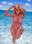  beach bikini blonde_hair blue_eyes blush breasts cleavage dark_skin erect_nipples female ganguro kakushika_usagi large_breasts long_hair navel ocean open_mouth original outdoors sky smile solo swimsuit tan wink 