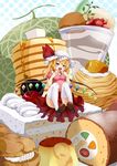  alternate_costume blonde_hair blue_door cake cherry contemporary cream cream_puff flandre_scarlet food fruit hat highres in_food licking melon minigirl pants plump pudding red_eyes short_hair sitting solo strawberry thighhighs tongue touhou white_legwear wings 