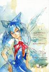  bad_id bad_pixiv_id bow campanula-star cirno hair_bow hand_on_hip ice solo touhou traditional_media translation_request watercolor_(medium) wings 