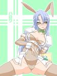  animal_ears bad_id bad_pixiv_id blue_hair blush breasts bridal_gauntlets brown_hair bunny_ears cleavage copyright_request glasses groin highres large_breasts leotard manjiro solo thighhighs 