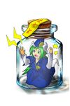  absurdres bottle cork fang glass green_eyes green_hair hat highres in_container long_hair mima ofuda solo tears touhou touhou_(pc-98) wizard_hat 