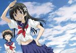  black_hair blue_eyes closed_eyes cloud day flower grin hair_flower hair_ornament hand_on_hip long_hair midriff muichimon multiple_girls navel sakugawa_school_uniform saten_ruiko school_uniform serafuku short_hair skirt sky smile to_aru_kagaku_no_railgun to_aru_majutsu_no_index uiharu_kazari 