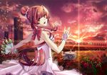  bad_id bad_pixiv_id bare_shoulders bouquet building chair character_request cloud copyright_request dress evening fence field flower hair_flower hair_ornament hair_up holding jewelry lipstick long_hair looking_at_viewer looking_back makeup open_mouth orange_eyes red_hair red_lipstick ring rose sky solo sunset table twilight yuki_(rose_snow) 