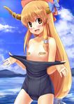  :d bad_id bad_pixiv_id bandaid bandaids_on_nipples bare_shoulders bow fang flat_chest hair_bow hands horns ibuki_suika long_hair nishiuri one-piece_swimsuit open_mouth orange_hair pasties pointy_ears school_swimsuit smile solo swimsuit swimsuit_pull touhou yellow_eyes 