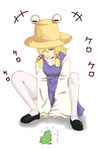  absurdres blonde_hair frog hair_over_one_eye hat highres moriya_suwako short_hair solo squatting thighhighs touhou versapro white_legwear 