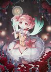 flower gloves kaname_madoka magical_girl mahou_shoujo_madoka_magica petals pink_hair red_eyes red_flower red_rose rose short_hair silverms2 solo soul_gem spoilers thorns twintails wings 