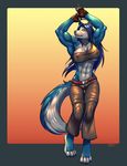  abs anthro biceps big_breasts blue blue_fur blue_hair breasts canine female fur hair hopey iggi long_hair mammal muscles muscular_female solo standing tail wolf 