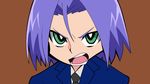  angry blue_hair formal green_eyes kamex_nakasho kojirou_(pokemon) male_focus open_mouth panty_&amp;_stocking_with_garterbelt parody pokemon pokemon_(anime) serious simple_background solo style_parody 