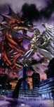  absurdres android angel angel_wings artist_name battle belial_(megami_tensei) black_hair blue_eyes chain cityscape claws demon demon_wings fog grabbing highres horns kazuma_kaneko megumi_shiraishi metatron_(megami_tensei) neckwear_grab official_art pointy_ears polearm red_skin robot_joints scales shin_megami_tensei tabard trident weapon wings yellow_eyes 