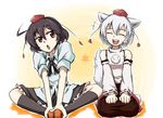  :d :o ahoge animal_ears brown_hair butterfly_sitting closed_eyes detached_sleeves hat inubashiri_momiji multiple_girls ok-desuka open_mouth red_eyes seiza shameimaru_aya short_hair sitting skirt smile tail tokin_hat touhou white_hair wolf_ears wolf_tail 