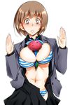  between_breasts bra breasts brown_eyes brown_hair cleavage devil_survivor_2 large_breasts lingerie megami_ibunroku_devil_survivor navel nitta_io panties sato_iori simple_background solo striped striped_bra striped_panties underwear 